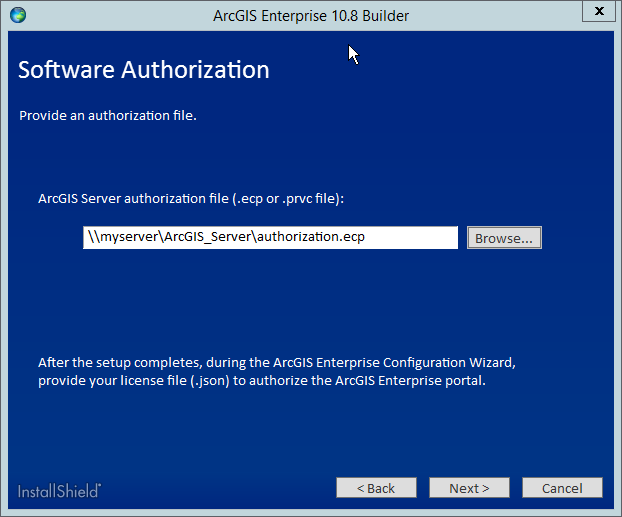 Provide the location for your ArcGIS Server authorization file. Provide the location for your ArcGIS Server authorization file.